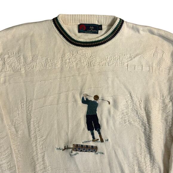 Isle of Cotton Embroidered Golf Sweater Knit Pattern Cream Vintage Large Tall - Picture 2 of 8